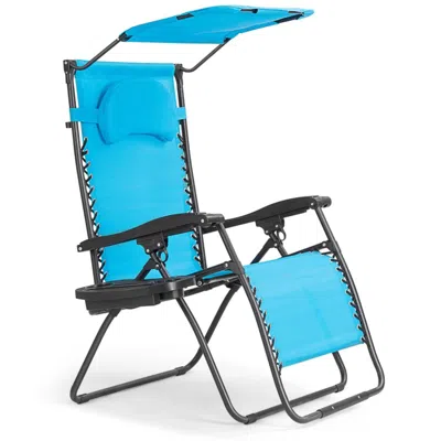Hivvago Folding Recliner Lounge Chair With Shade Canopy Cup Holder-black In Blue
