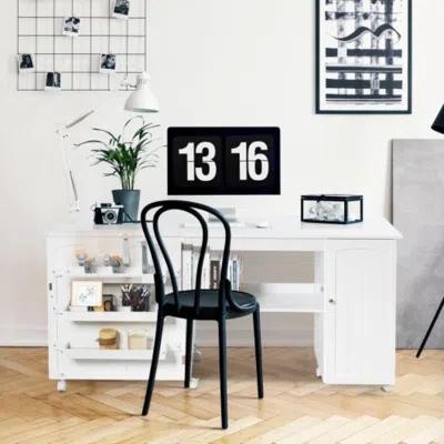Hivvago Folding Sewing Table Shelves Storage Cabinet Craft Cart With Wheels-white