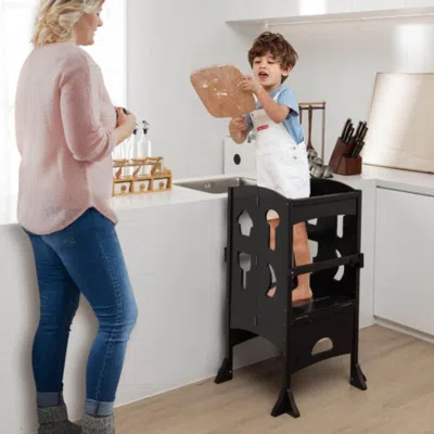 Hivvago Folding Wooden Step Stool With Lockable Safety Rail For Toddler 3+-coffee
