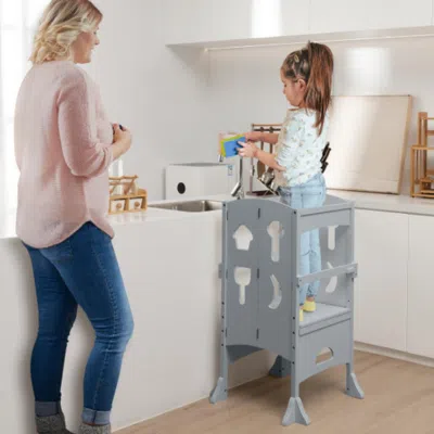 Hivvago Folding Wooden Step Stool With Lockable Safety Rail For Toddler 3+-gray