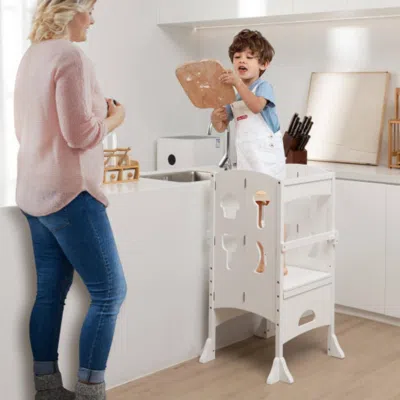 Hivvago Folding Wooden Step Stool With Lockable Safety Rail For Toddler 3+-white