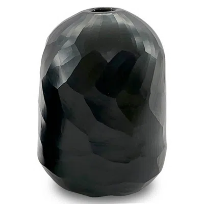 Hivvago Fory Flower Vase, Modern Round Oval Shaped Hand Carved Black Glass Finish