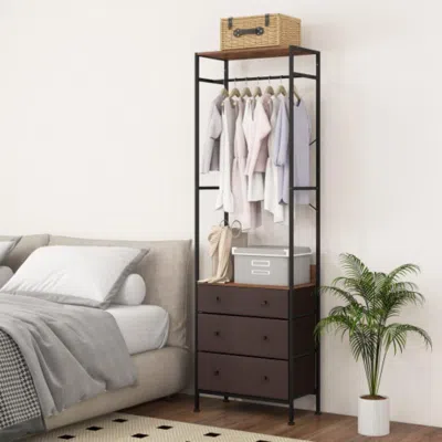 Hivvago Freestanding Closet Organizer With 3-position Hanging Rod And Storage Shelves-brown