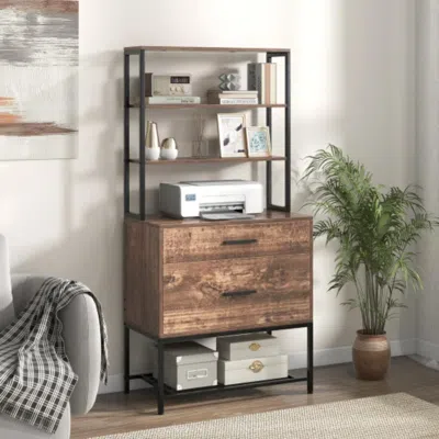 Hivvago Freestanding File Cabinet With Charging Station And 3-tier Open Shelves-rustic Brown