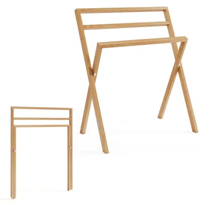 Hivvago Freestanding Foldable Teak Wood Towel Rack With 3 Hanging Crossbars