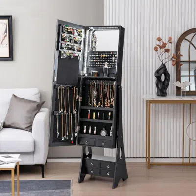 Hivvago Freestanding Full Length Led Mirrored Jewelry Armoire With 6 Drawers-black