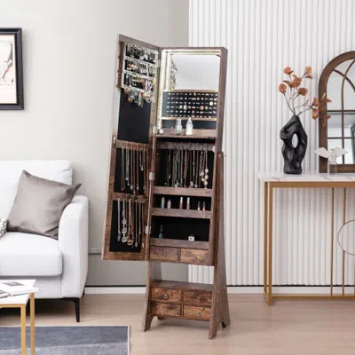 Hivvago Freestanding Full Length Led Mirrored Jewelry Armoire With 6 Drawers-rustic Brown