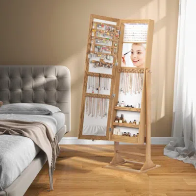 Hivvago Freestanding Lockable Jewelry Armoire With Full-length Mirror And 6 Led Lights-natural