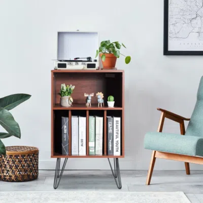 Hivvago Freestanding Record Player Stand Record Storage Cabinet With Metal Legs-coffee