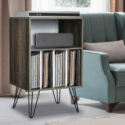 Hivvago Freestanding Record Player Stand Record Storage Cabinet With Metal Legs-gray