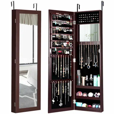 Hivvago Full Length Mirror Jewelry Cabinet With Ring Slots And Necklace Hooks In Brown