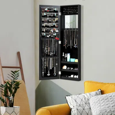 Hivvago Full Length Mirror Jewelry Cabinet With Ring Slots And Necklace Hooks-black