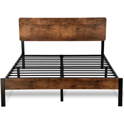 Hivvago Full Modern Metal Platform Bed Frame With Rustic Wood Headboard And Footboard