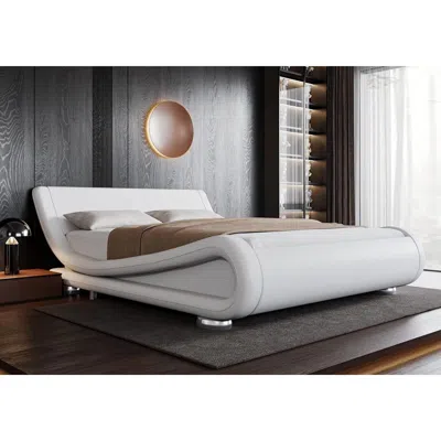 Hivvago Full Modern White Upholstered Platform Bed Frame With Sleigh Curved Headboard