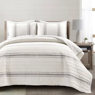 Hivvago Full / Queen Grey Off-white 3 Piece Stripe Reversible Cotton Quilt Set