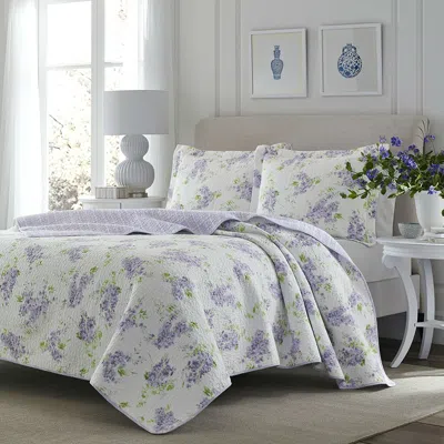 Hivvago Full / Queen Size 3-piece Cotton Quilt Set With White Purple Floral Pattern
