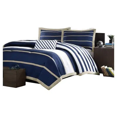 Hivvago Full / Queen Size Comforter Set In Navy Blue White Khaki Stripe