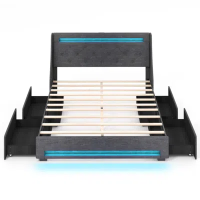Hivvago Full Size Bed Frame With Led Lights Wingback Headboard And Charging Station-grey In Blue