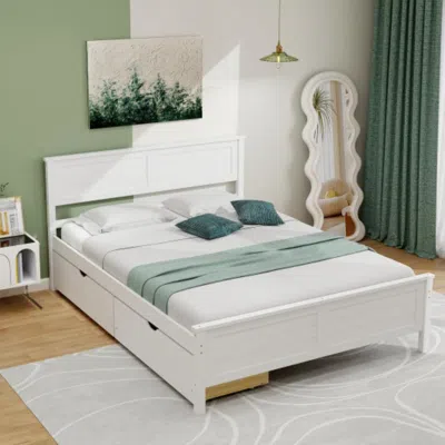 Hivvago Full Size Bed Frame With Storage Drawers And Solid Wood Headboard-white