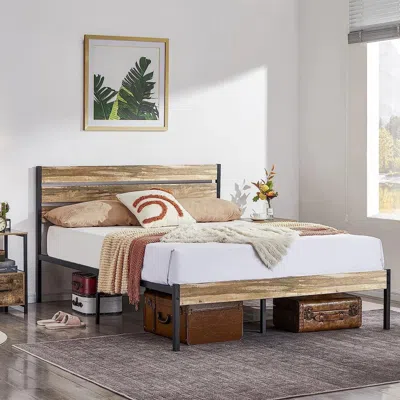 Hivvago Full Size Industrial Rustic Wood / Metal Platform Bed Frame With Headboard In Brown