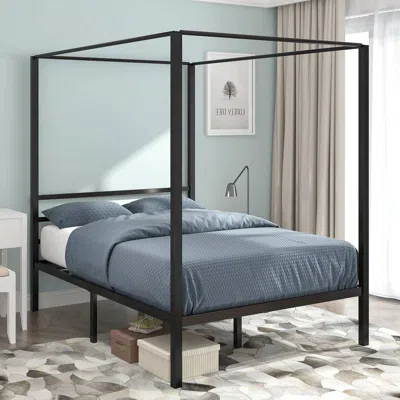 Hivvago Full Size Modern Four Poster Metal Canopy Bed In Black Finish In Blue