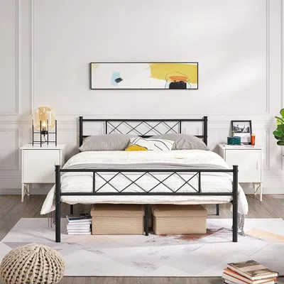Hivvago Full Size Traditional Powder Coated Slatted Metal Platform Bed In Black