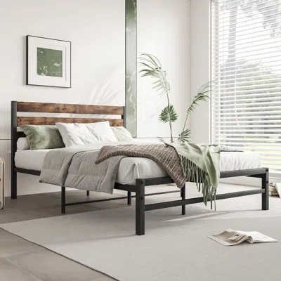 Hivvago Full-sized Platform Bedframe With Slats And Rustic Wooden Head Board