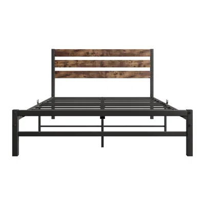 Hivvago Full-sized Platform Bedframe With Slats And Rustic Wooden Head Board In Multi