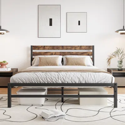 Hivvago Full-sized Platform Bedframe With Slats And Vintage Wooden Head Board - Black