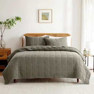Hivvago Full/queen 3 Piece Cotton Faded Stone Washed Lightweight Quilt Set Green