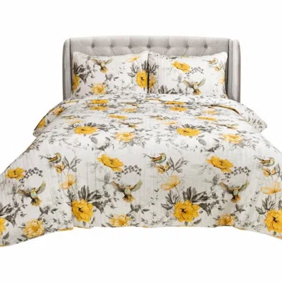 Hivvago Full/queen 3 Piece White Yellow Grey Reversible Floral Birds Cotton Quilt Set