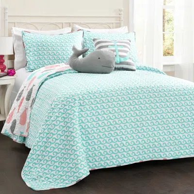 Hivvago Full/queen 5 Piece Microfiber Quilt Set In Teal Pink Aqua Waves Whale Pattern In Green