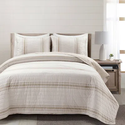 Hivvago Full/queen Beige Off-white Cream Stripe 3-piece Reversible Cotton Quilt Set In Neutral