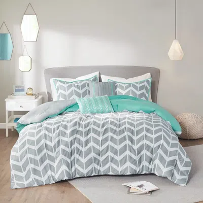 Hivvago Full/queen Reversible Comforter Set With Grey White Aqua Teal Chevron Pattern