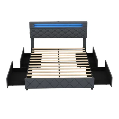 Hivvago Full/queen Size Bed Frame With Adjustable Storage Headboard And Wooden Slat Support In Gray