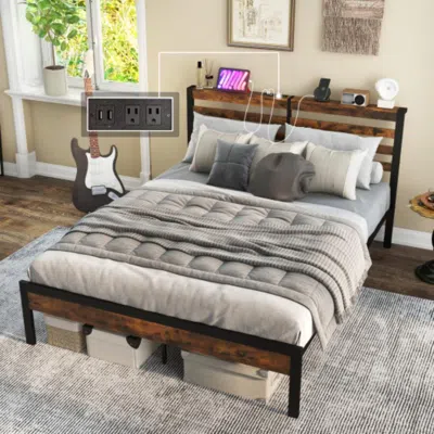 Hivvago Full/queen Size Bed Frame With Charging Station And Storage Headboard-queen Size