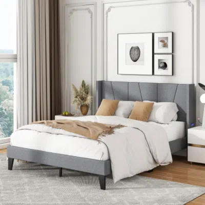 Hivvago Full/queen Size Bed Frame With Wingback Headboard And Wood Slat Support-full Size