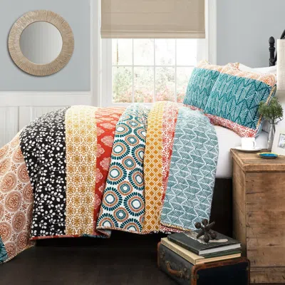 Hivvago Full/queen Size Cotton 3 Piece Reversible Teal Orange Bohemian Stripe Quilt Set In Multi
