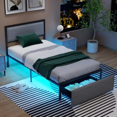 Hivvago Full/queen/twin Size Bed Frame With Led Lights Drawer And Metal Slats-twin Size