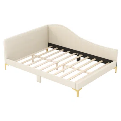 Hivvago Full/twin Upholstered Daybed Frame With Metal Legs & Wood Slats - Modern Sofa Bed In Neutral