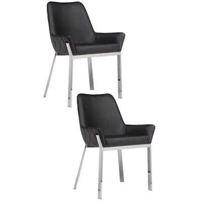 Hivvago Fuma 23 Inch Set Of 2 Dining Chairs, Foam Fill, Black Faux Leather, Silver
