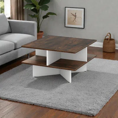 Hivvago Functional Square Coffee Table With Dual Tiers And Four Storage Areas In Brown