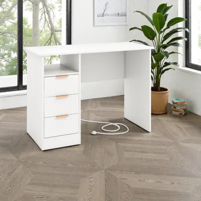 Hivvago Functional Work Desk With Integrated Charging Port, Multiple Drawers, And Open Shelf In White