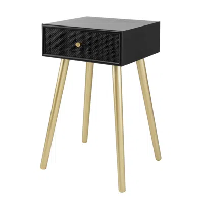 Hivvago Gaia 28 Inch Pine Wood Side End Table, Gliding Rattan Drawer, Black, Gold