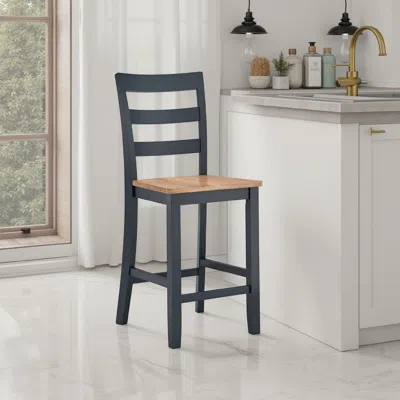 Hivvago Gasy Counter Height Chair Set Of 2, Dark Blue Solid Wood, Brown Seat