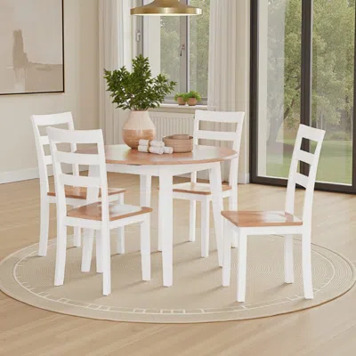 Hivvago Gasy Dining Table, Extendable 26-42 Inch White Brown Wood, 2 Leaves