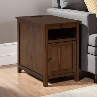 Hivvago Gena Side End Table, Shelf And Pull Out Tray, Brown Solid Wood 24 Inch