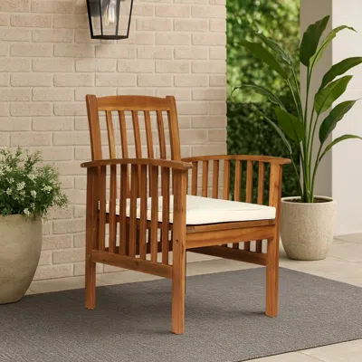 Hivvago Gerry Dining Chair, Traditional Slat Design Brown Acacia Wood, Beige Fabric