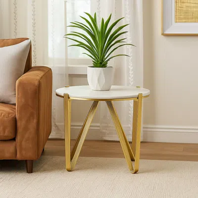 Hivvago Glam Plant Stand Table, White Marble, Gold Metal Texture Legs, 25 Inch