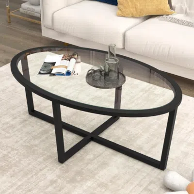 Hivvago Glass Coffee Table Oval Living Room Table With Cross Base And Acacia Wood Legs-black